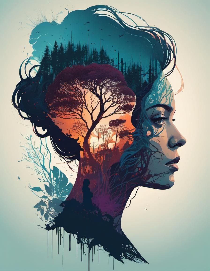 Mysterious Woman Double Exposure Surrealist Poster Art