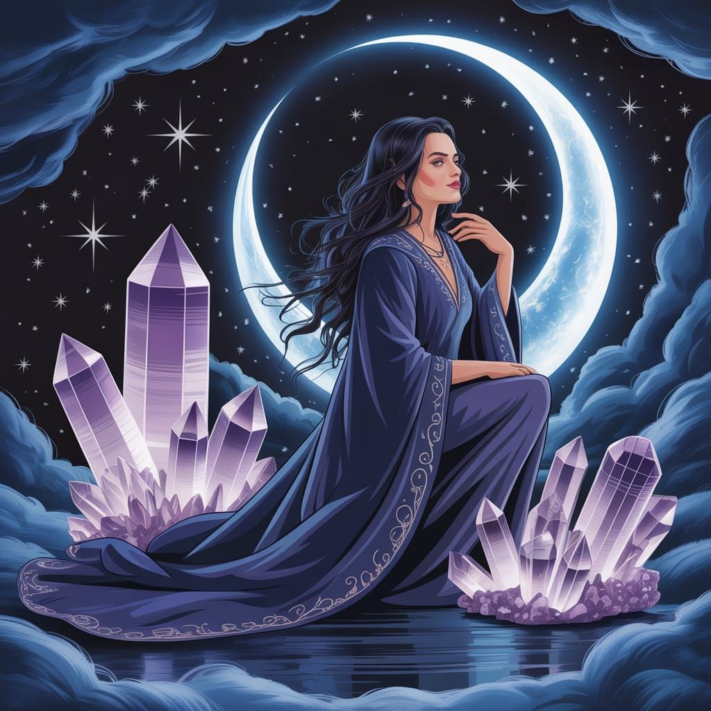 Vector Art Witch with Crystals and Celestial Night Sky
