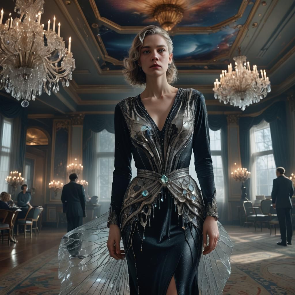 Woman in Crystal Dress in Opulent Ballroom