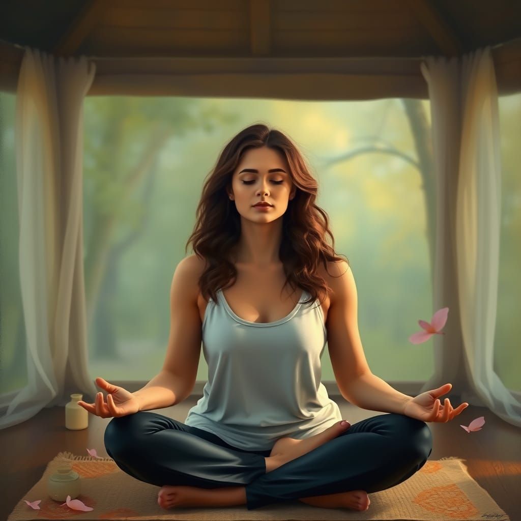 Serene Woman Meditating in Nature, Calming Artwork