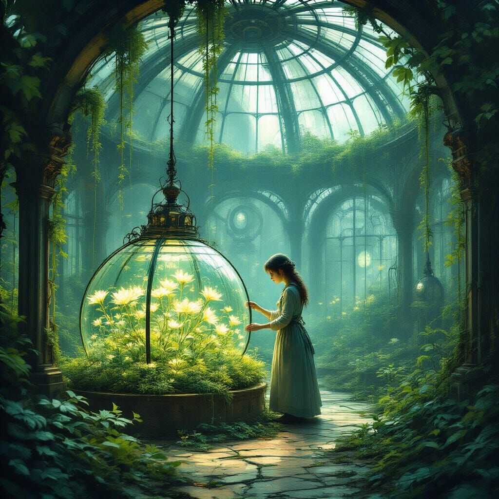 Automaton Gardener in Bioluminescent Greenhouse