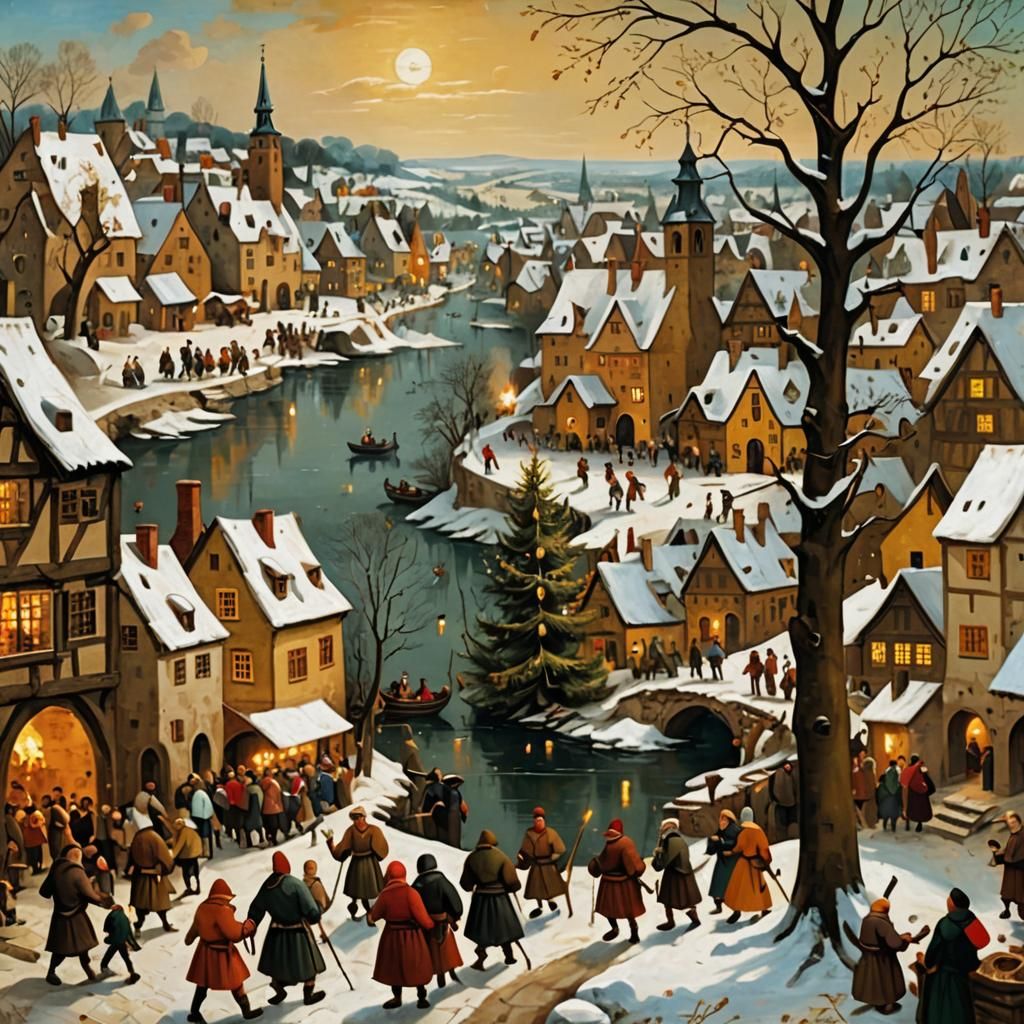 Winter Village Scene in Bruegel the Elder Style