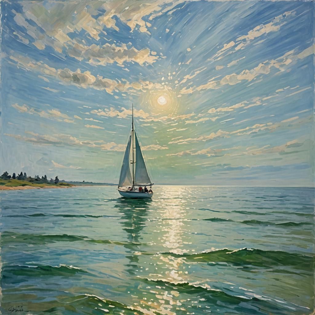 Impressionist Sailboat on Serene Ocean at Sunset