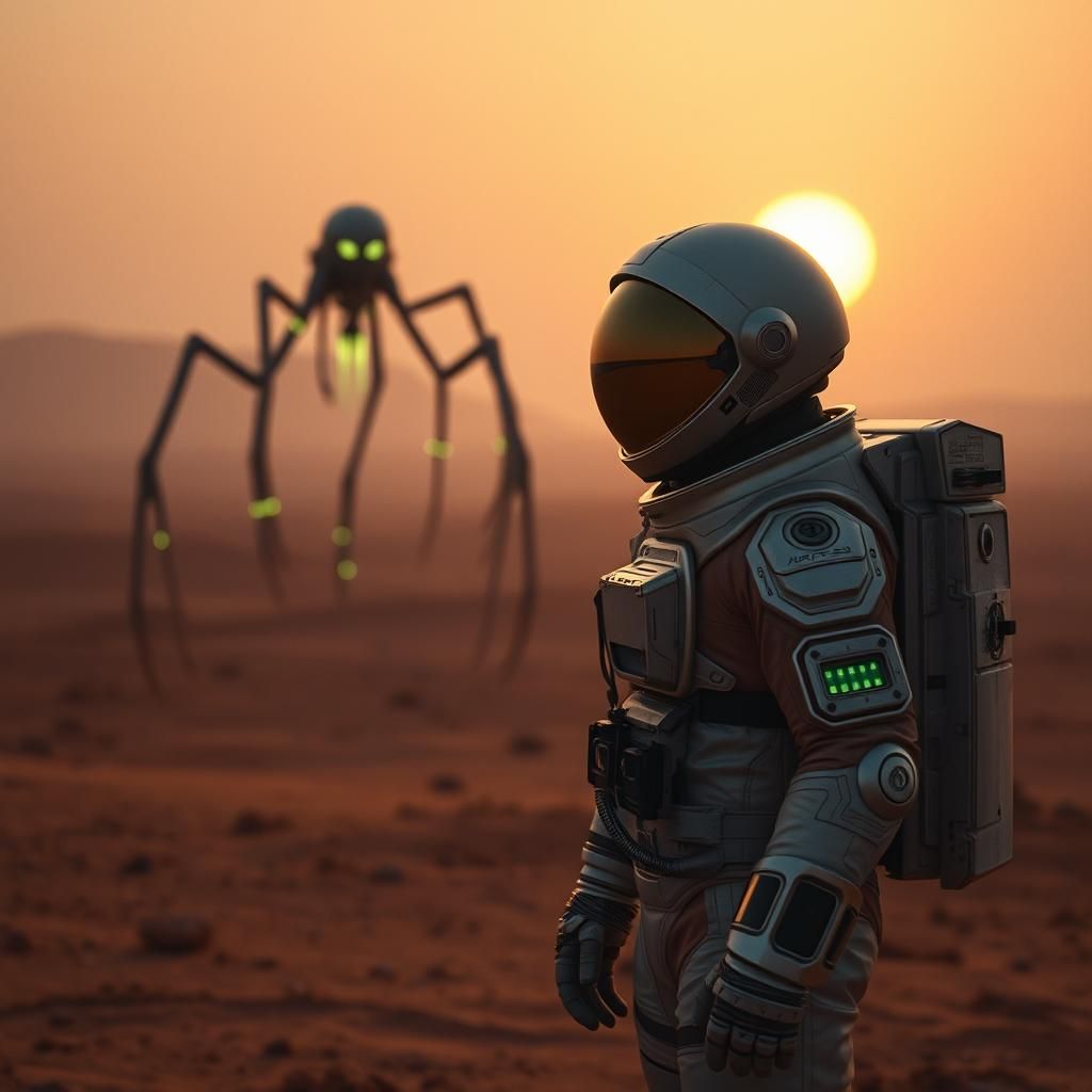 Astronaut Confronts Alien on Mars in Sci-Fi Film Style