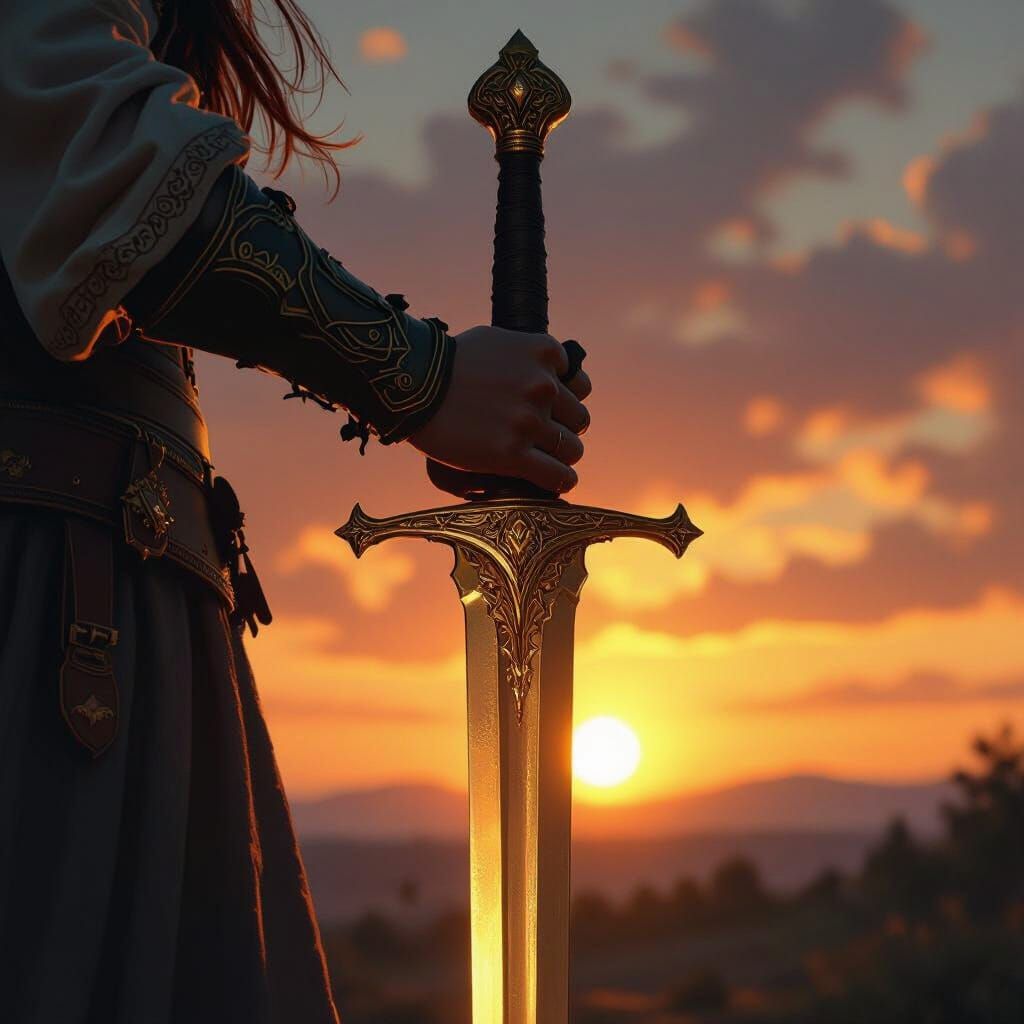 Woman's Hand Grasps Golden Broadsword at Sunset