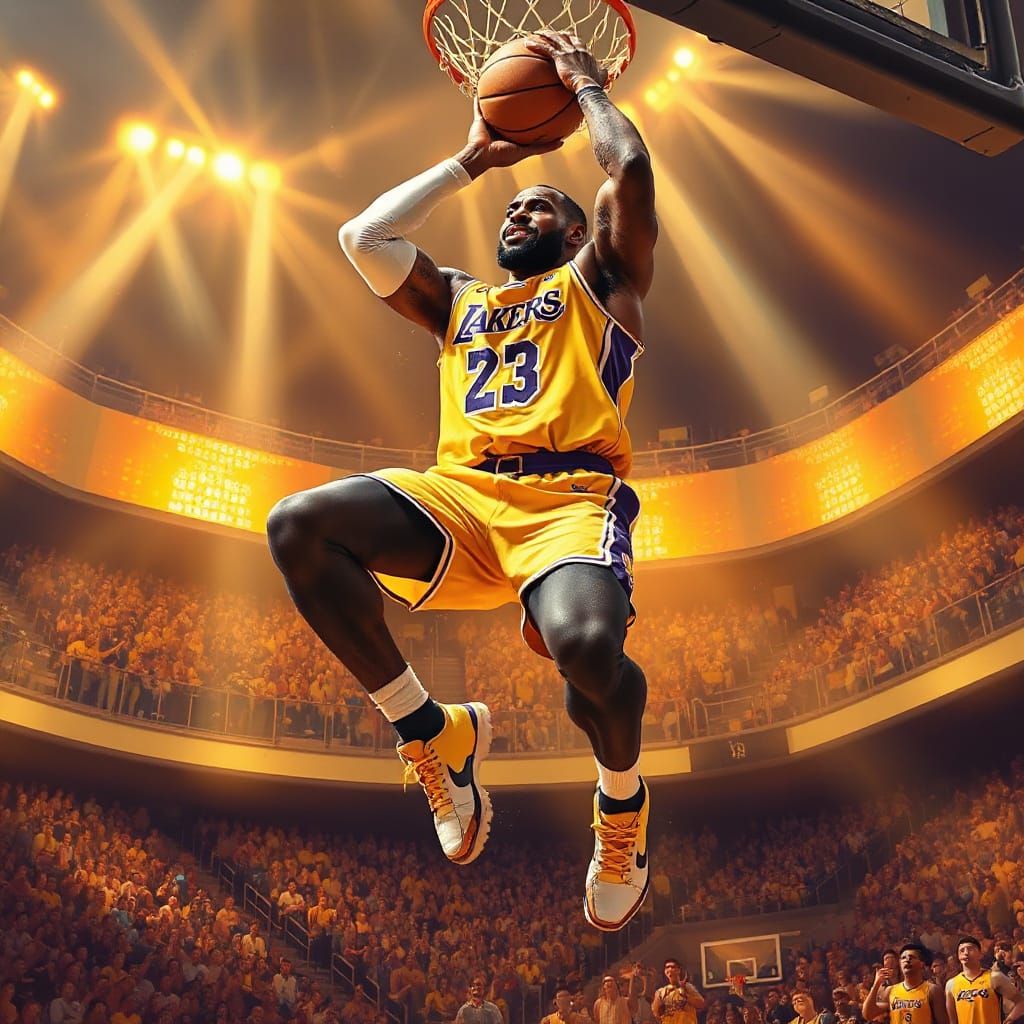 LeBron James Dunking in Hyperrealistic Digital Painting Styl...