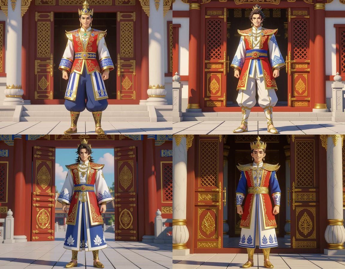 Mediterranean-Thai King in Gilded Scarlet Vest, Anime Art