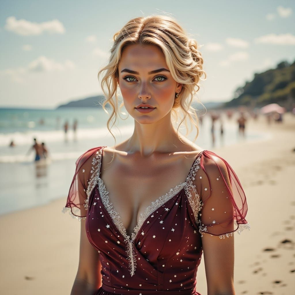 Blonde Woman on Beach in Hyperrealistic Style