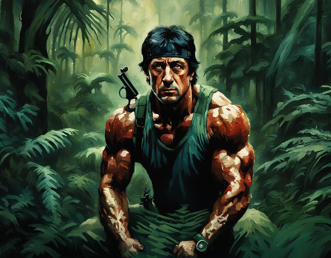Rambo Portrait in Jungle, Hyperrealistic Digital Art