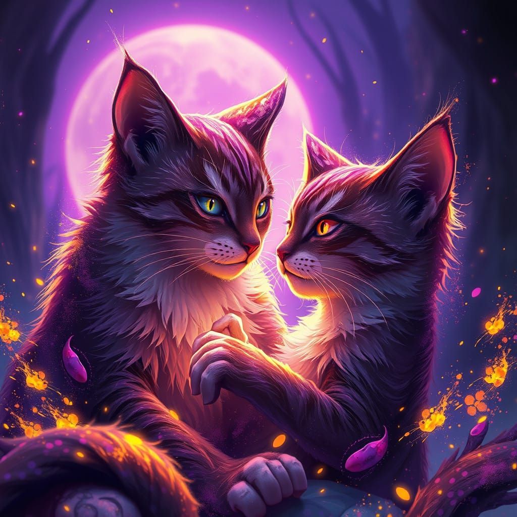 Dark Fantasy Masterpiece: Cat's Love Story in Vibrant Hues