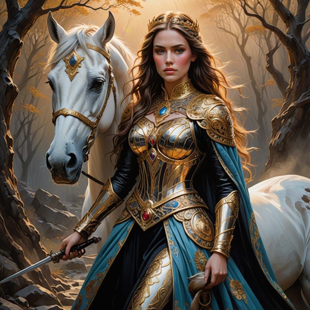 Celtic Princess with Falcon and Horse in Impasto Style