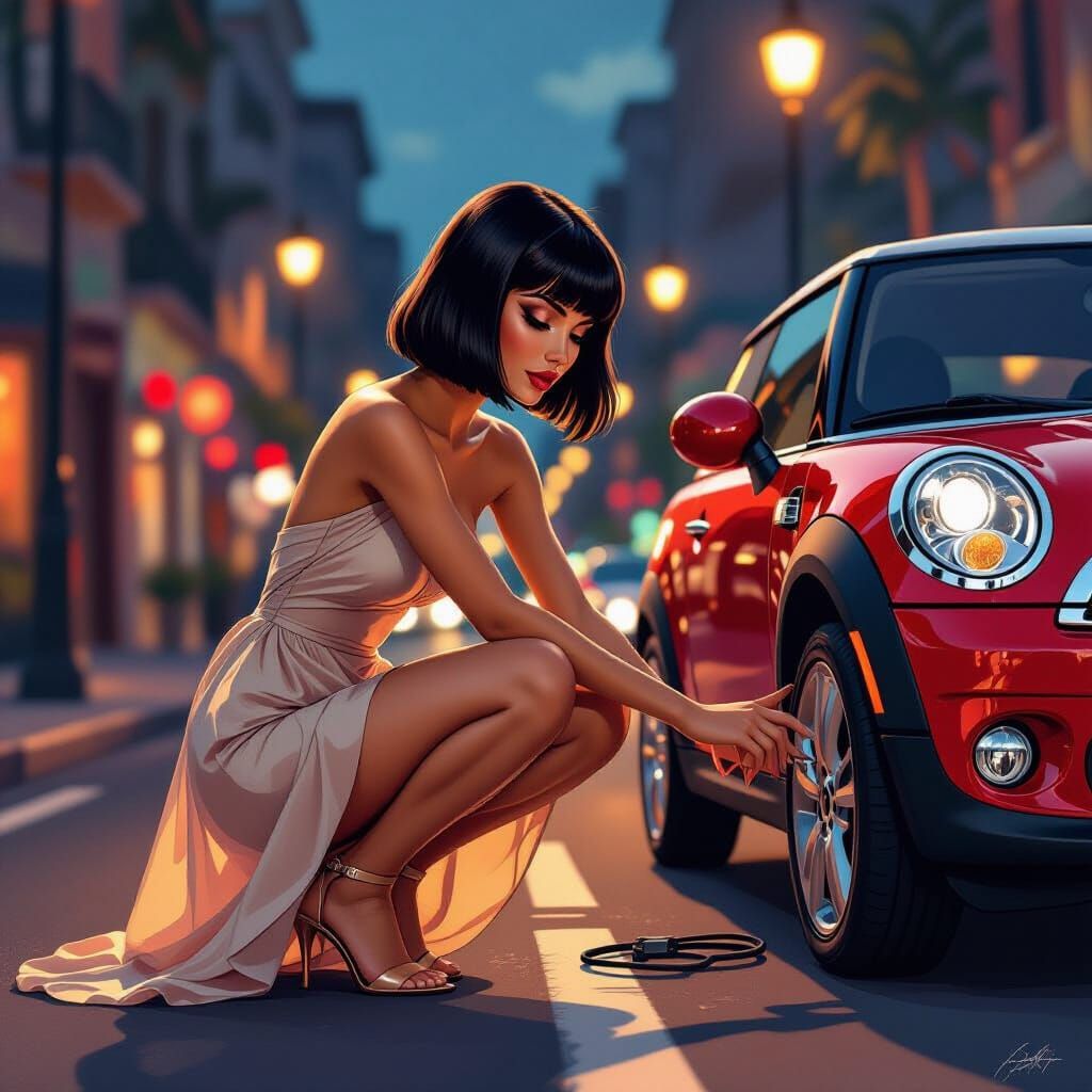Woman in Chiffon Dress Changes Tire on Mini Cooper