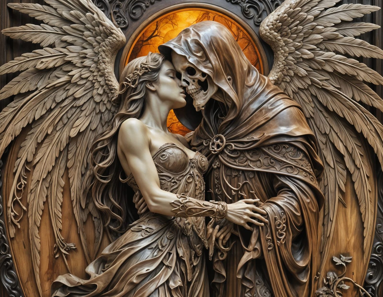 Angel and Grim Reaper Carved in Mahogany