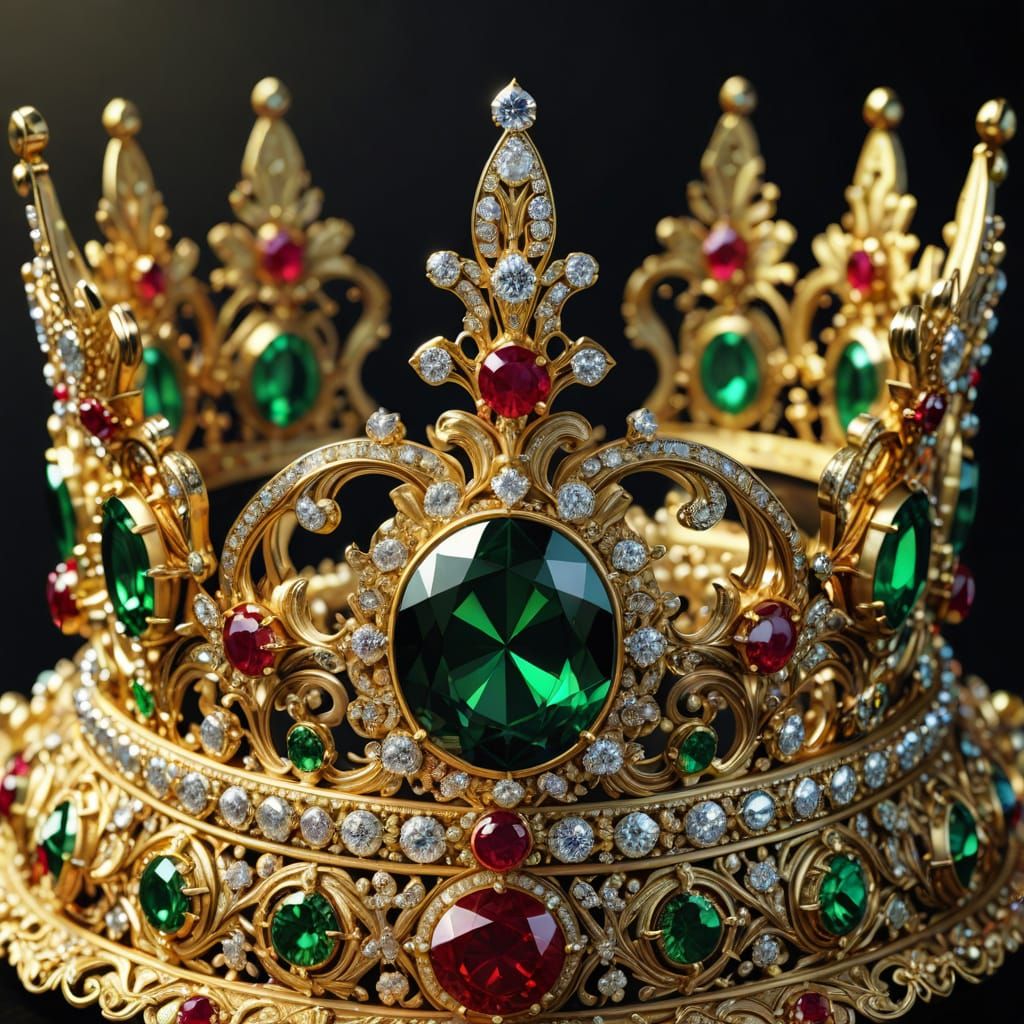 Golden Baroque Crown with Diamond Horns and Gemstones