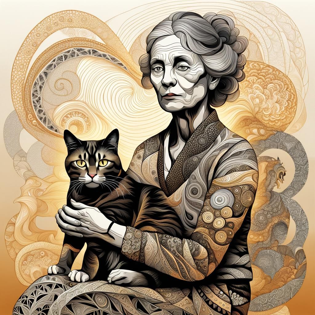 Stressed Woman with Cat: Abstract Vector Fractal Art
