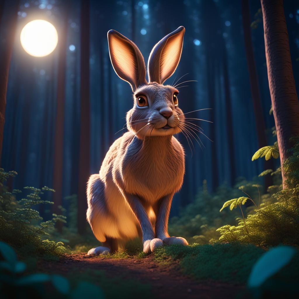 Hare in Forest: Moonlit Portrait in 3D Style