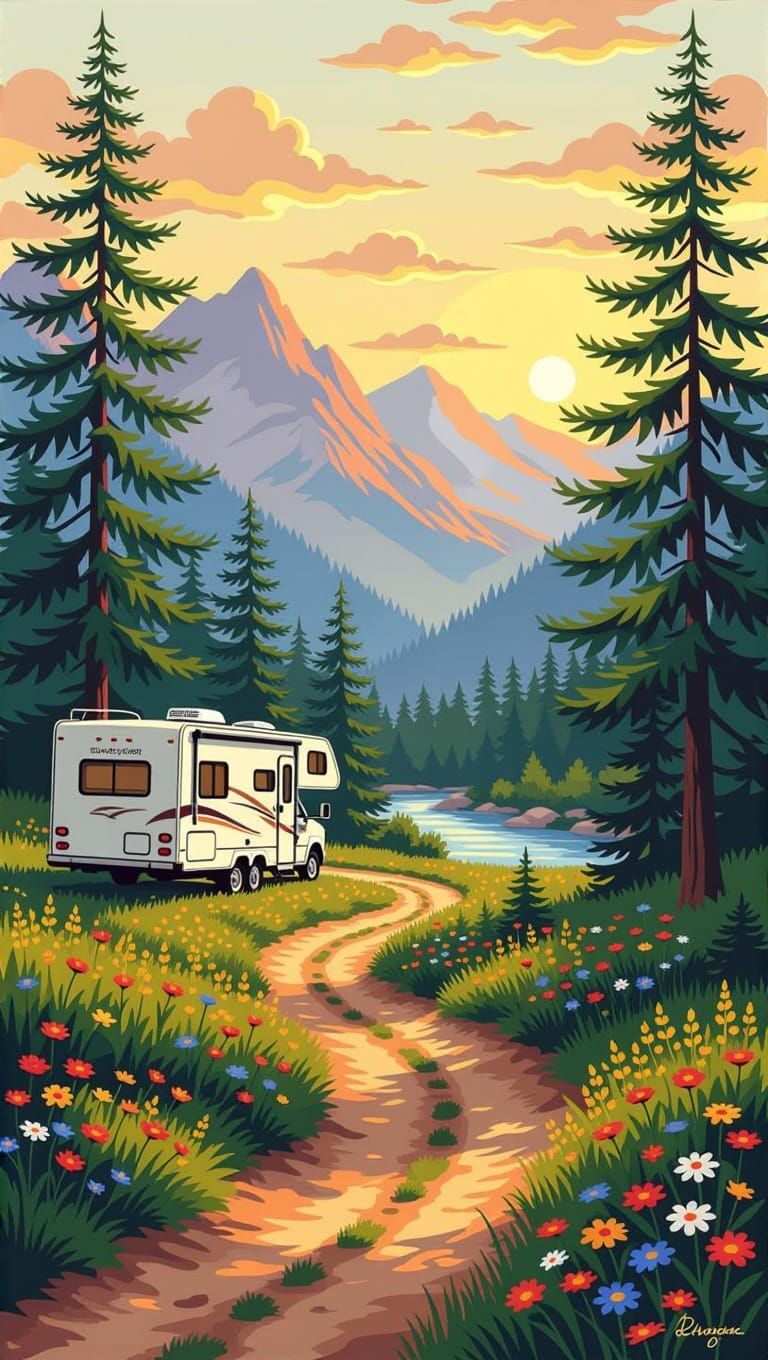Mountain RV Campsite in Serene Evergreen Landscape