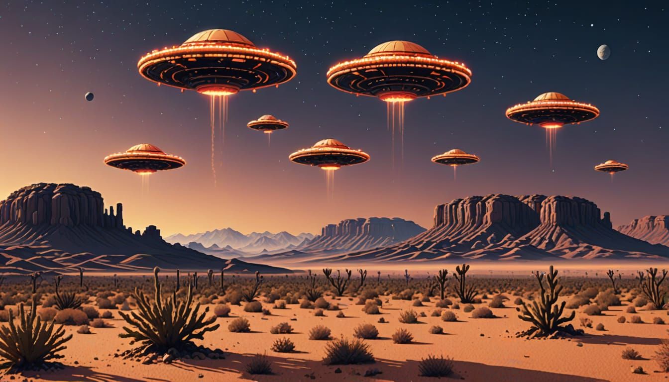 UFO Diorama over Desert Landscape in 8-bit Style