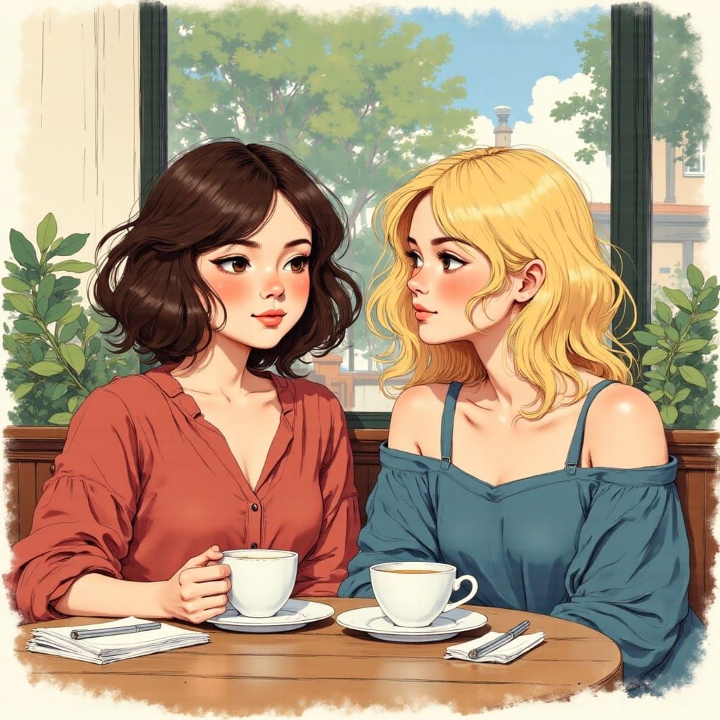 Two Friends Enjoying Tea in Cafe Illustration