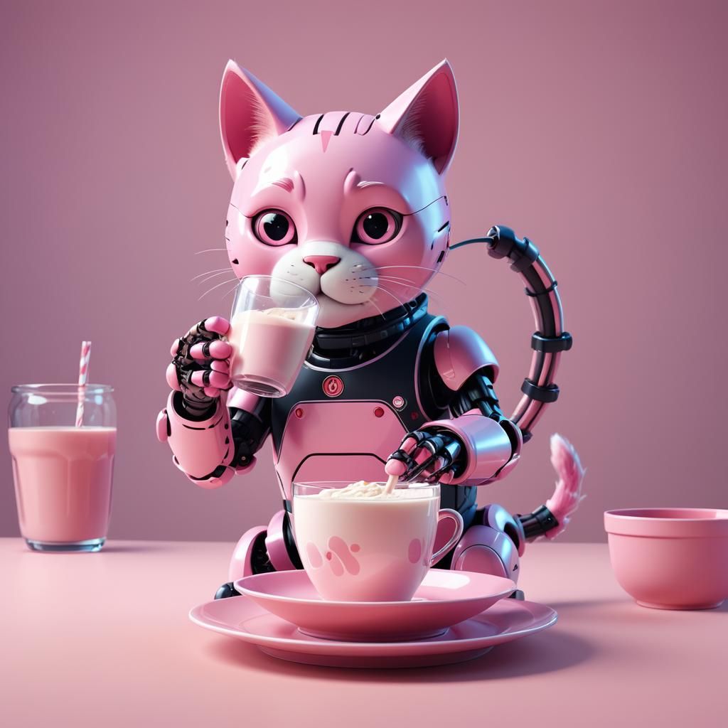 Pink Cat Robot Drinks Milk: Pixar Style