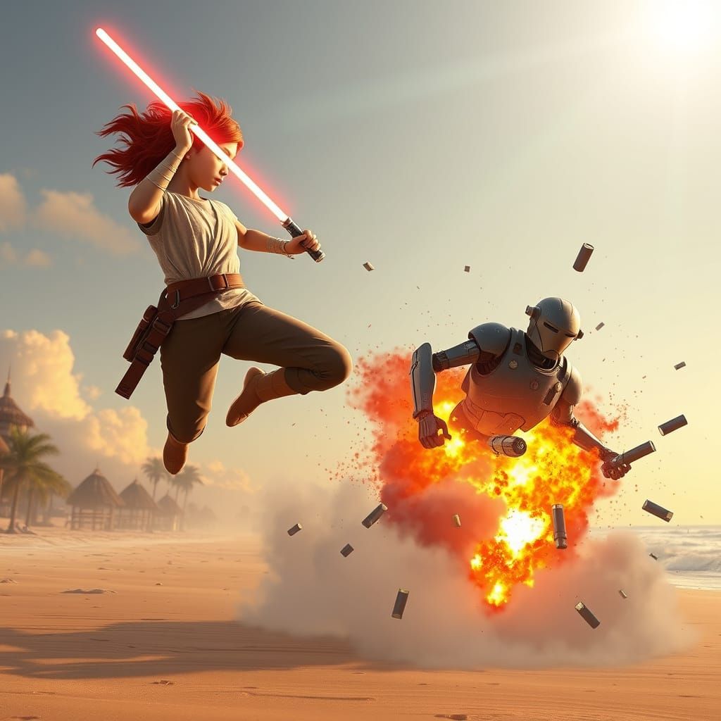 Fiery Jedi Knight Battles Android on Tropical Beach