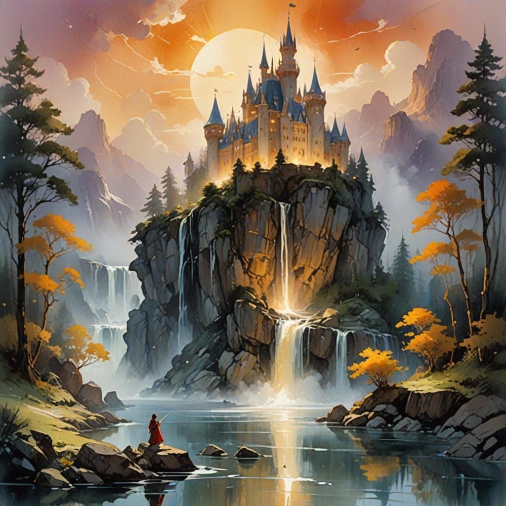 Regal Castle in Whimsical Dreamlike Forest Watercolour Art