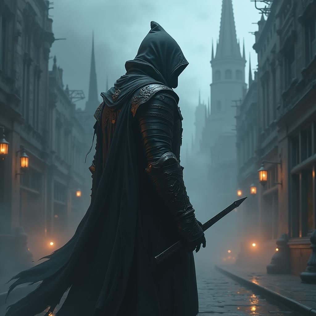 Gothic Assassin with Outsider's Mark in Matte Painting Style