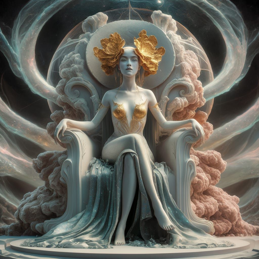 a beautiful lady with golden edge flowers in her head, setti...