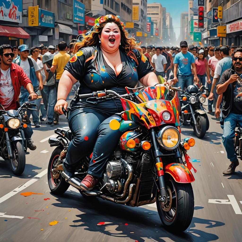 Opera Singer Rides Motorcycle in Graffiti Art Style