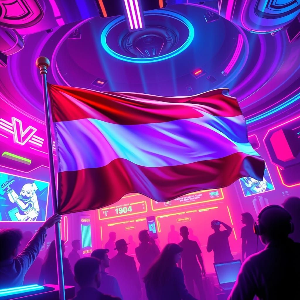 Austrian Flag Waving in Cyberpunk Rave Scene