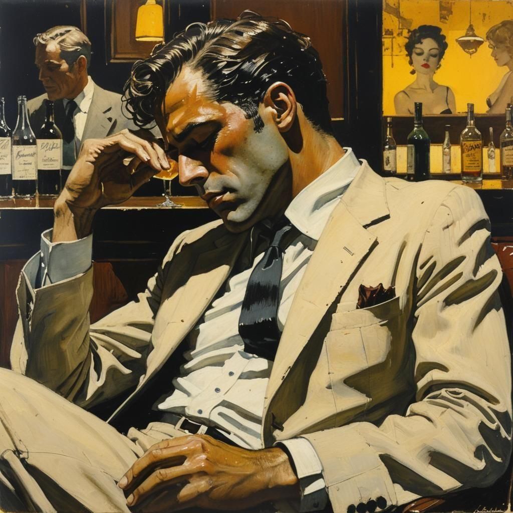 Spy Sleeping in Bar, Encaustic Silhouetted Portrait