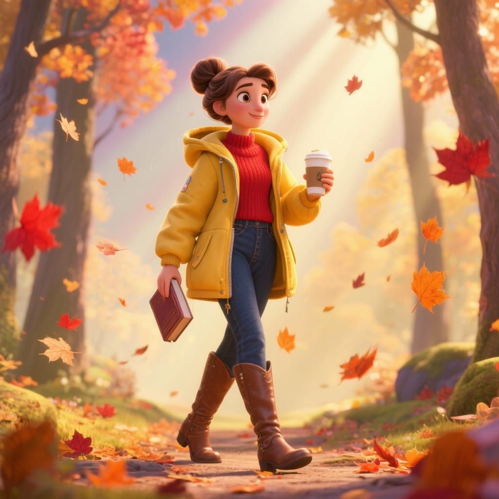 Princess Belle Enjoys Autumn Forest Walk in Pixar Style