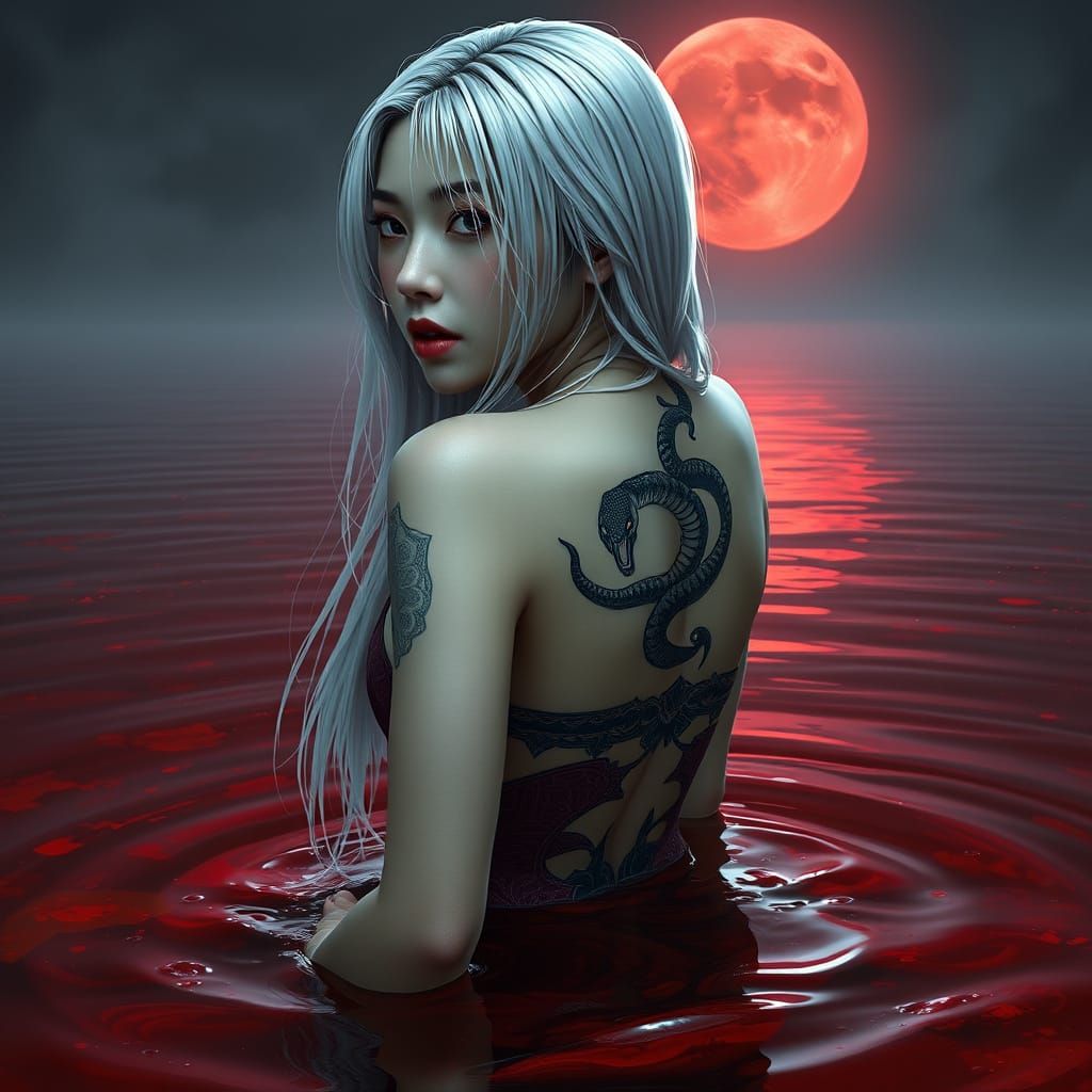 Woman with Snake Tattoo Swimming Under Blood Moon