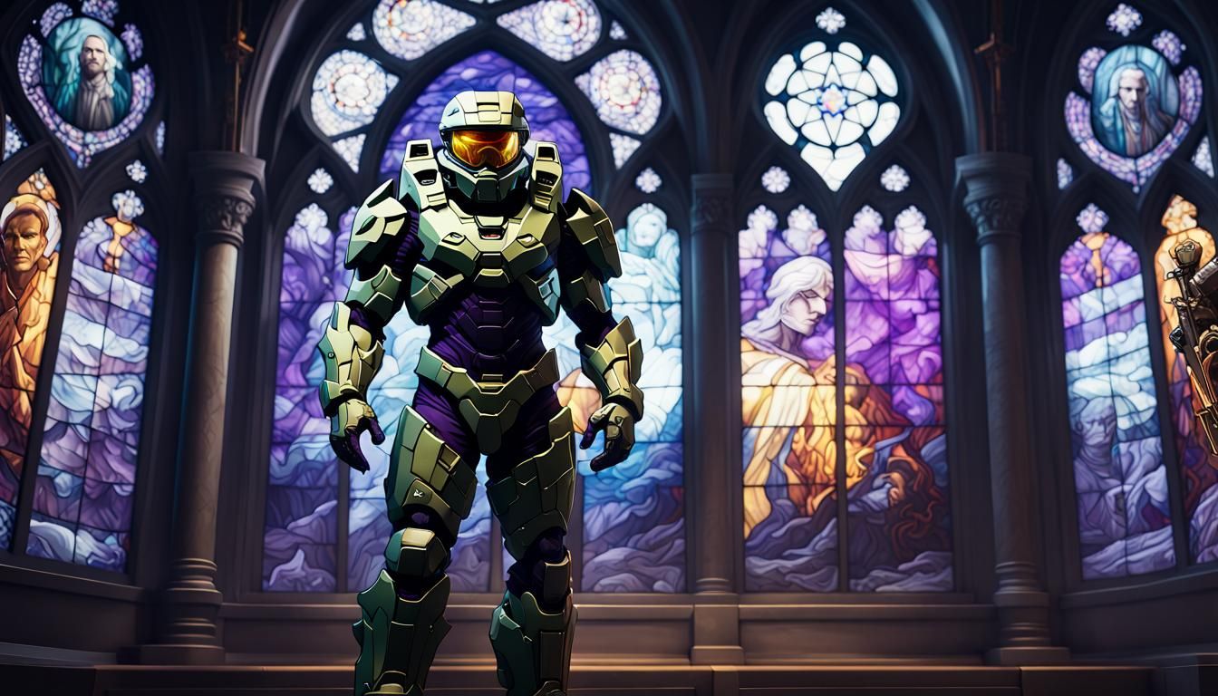 Master Chief as Demonic Apostle in Stained Glass