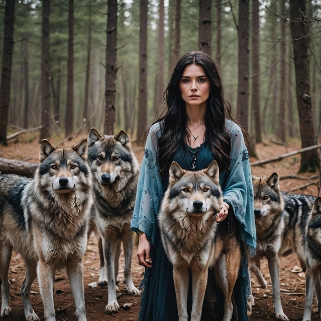 Woman and Man Surrounded by Wolves: Photography