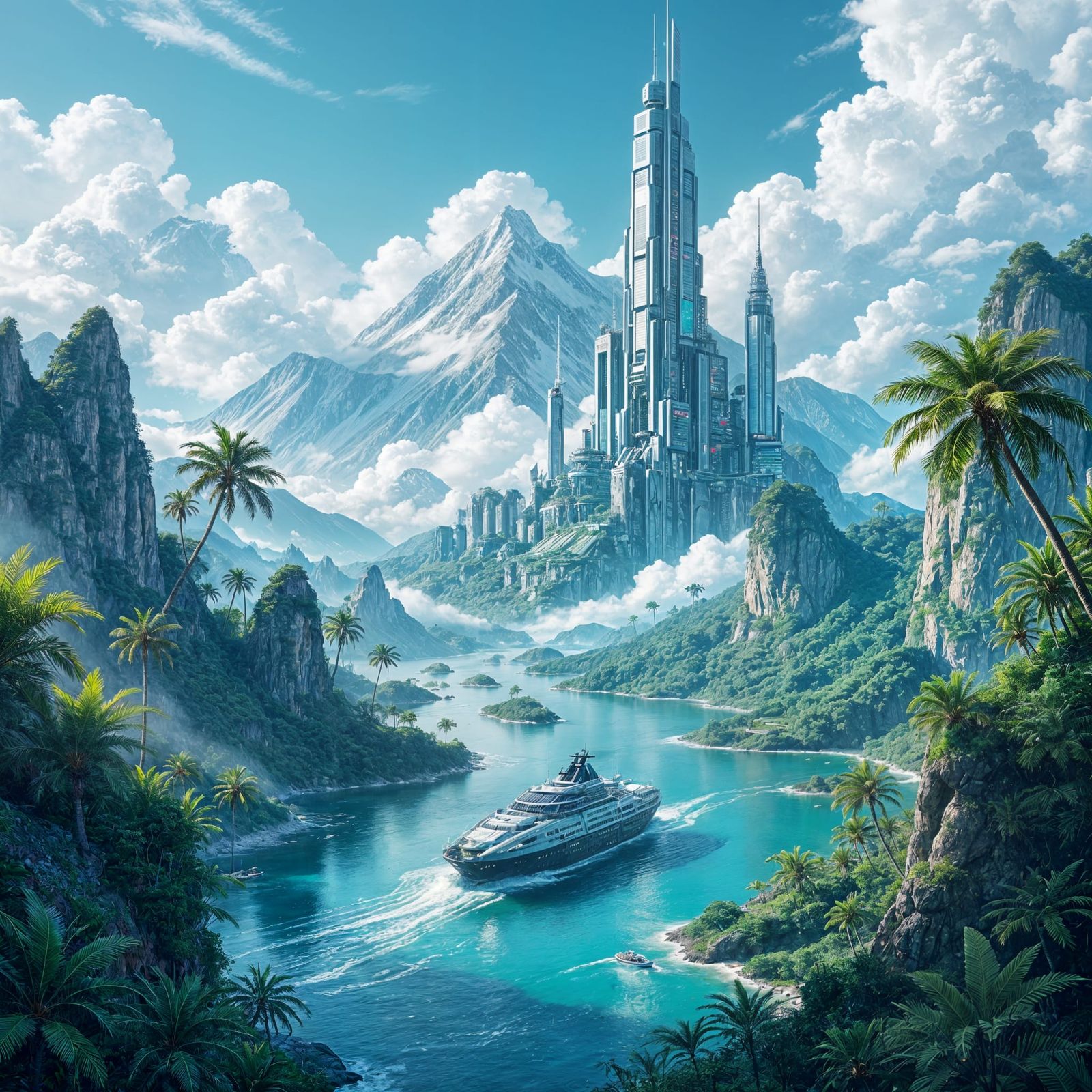 Cyberpunk Landscape with Ocean, Mountains, and Ship