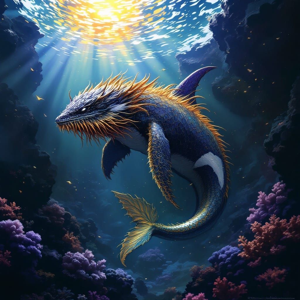 Dragon-Headed Orca in Vibrant Coral Reef Scene