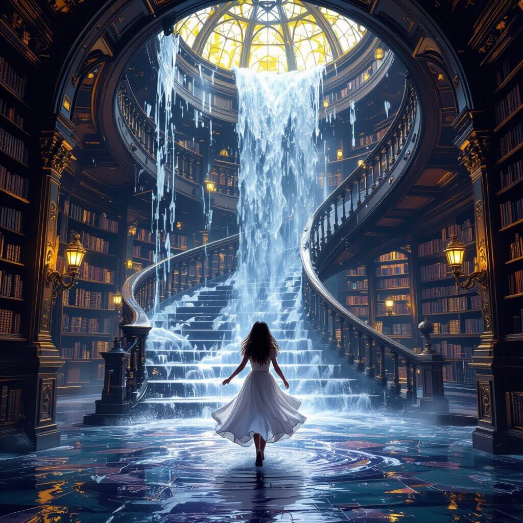 Enchanted Library Waterfall with Spiraling Staircase