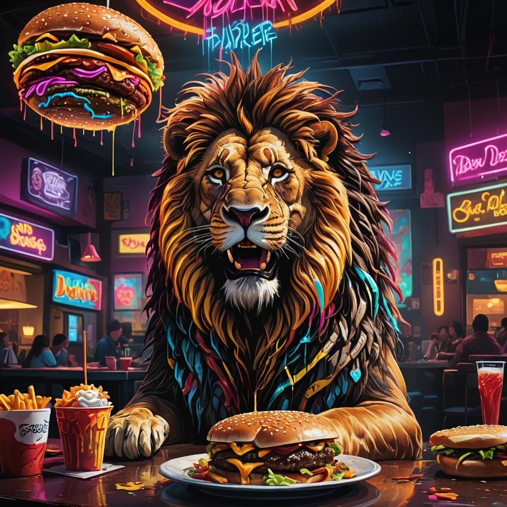 Lion's Burger Feast: Concept Art in Neon Restaurant