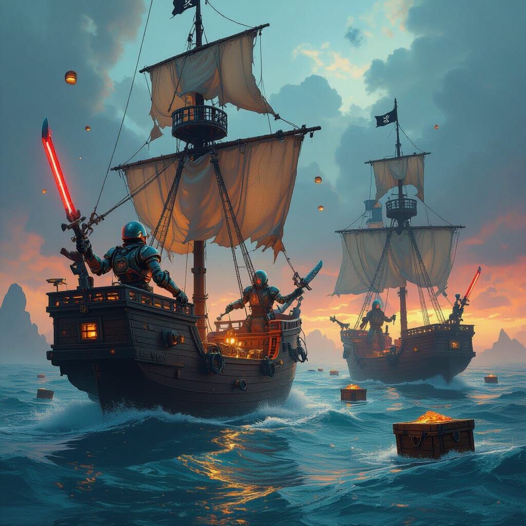 Robot Pirates on Mystical Seas as Matte Painting