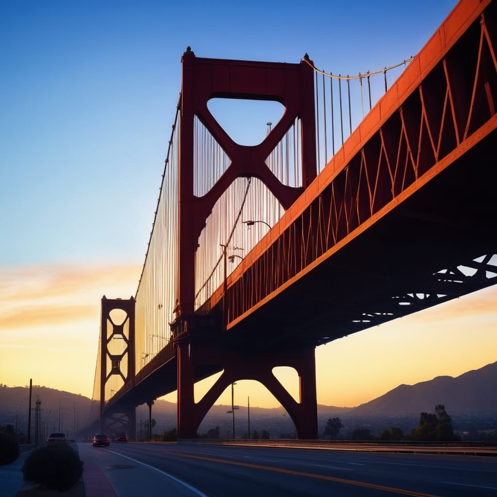 Cinematic Oil Painting of Los Angeles Red Bridge at Sunrise