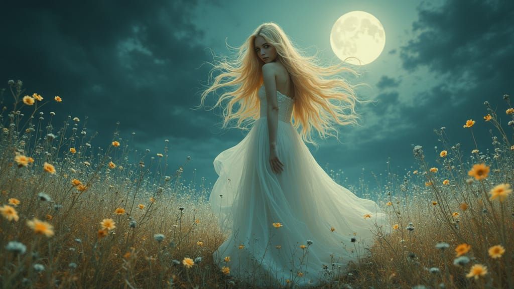 Ethereal Woman in Moonlit Flower Field