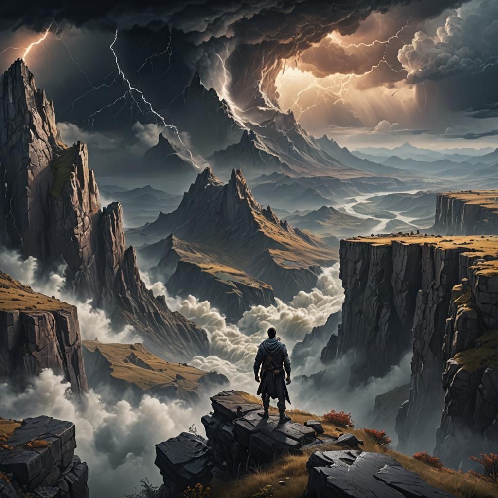 Man Overlooking Stormy Landscape, Fantasy Concept Art