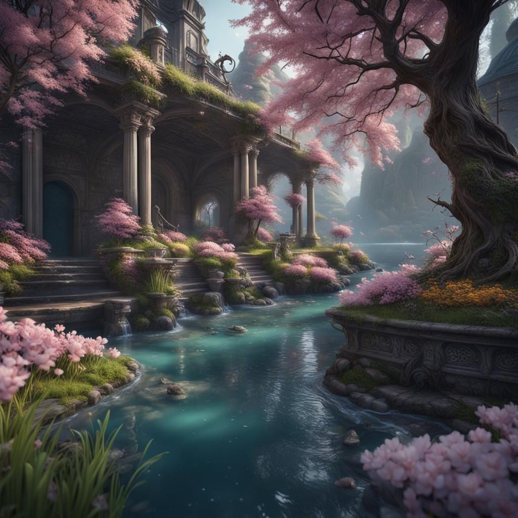 Aesthetic Spring River in Detailed Matte Painting