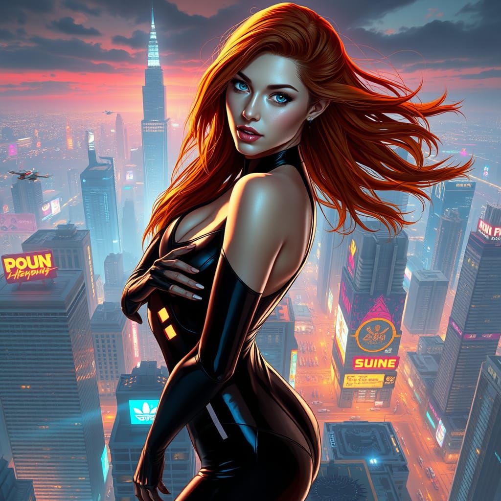 Cyberpunk Woman on Skyscraper Overlook