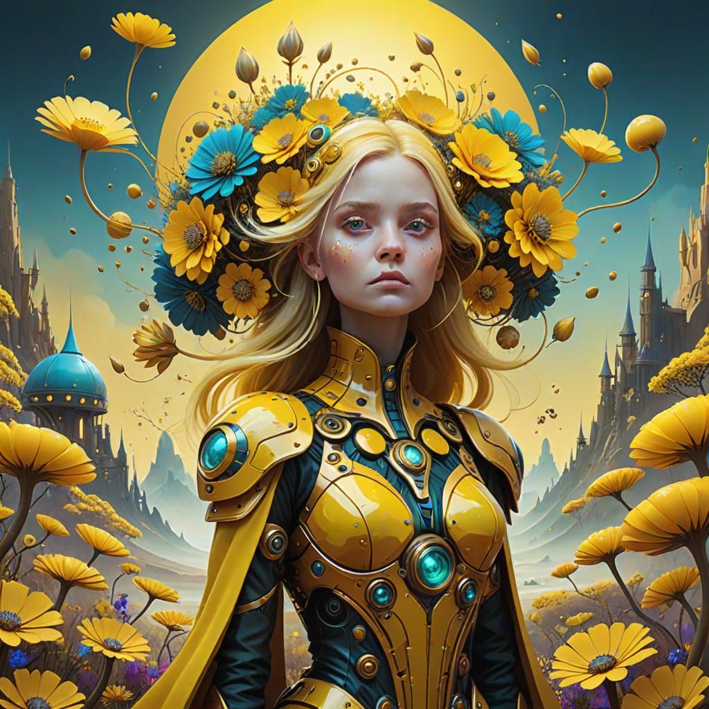 Golden Goddess in Whimsical Fantasy Landscape