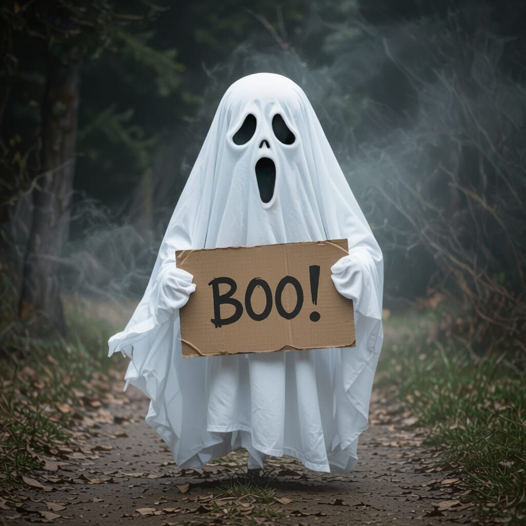 Scary Ghost with Boo Sign in Ethereal Mist