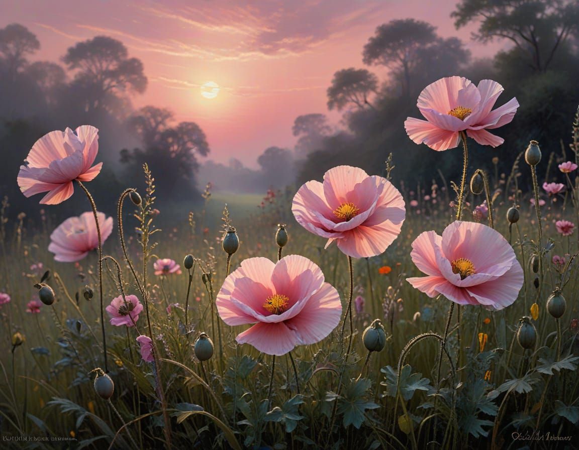 Vibrant Poppies in Pink Evening Light, Impressionistic Oil P...