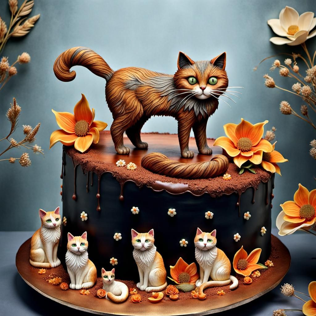 Intricate Cat Cake Sculpture in Whimsical Style
