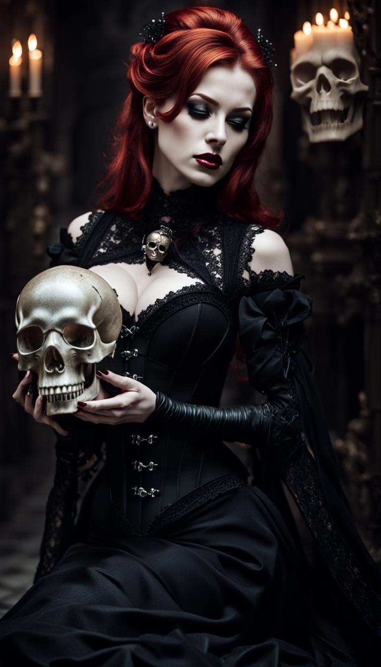 Redhead Vampire with Skull in Gothic Castle